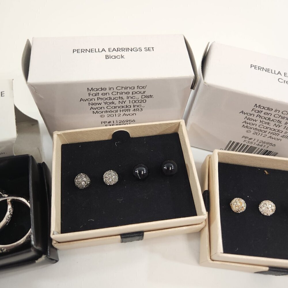 Avon Earrings / Ring Bundle Pernella Studs Out of Line Engagement Band CZ - Picture 3 of 9